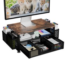 2 Tier Monitor Stand Riser, Wood Computer Desk Organizer with Drawer and Pen ...