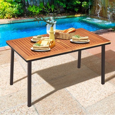 Rectangle Patio Outdoor Dining Table Acacia Wood Tabletop w/ 2'' Umbrella Hole