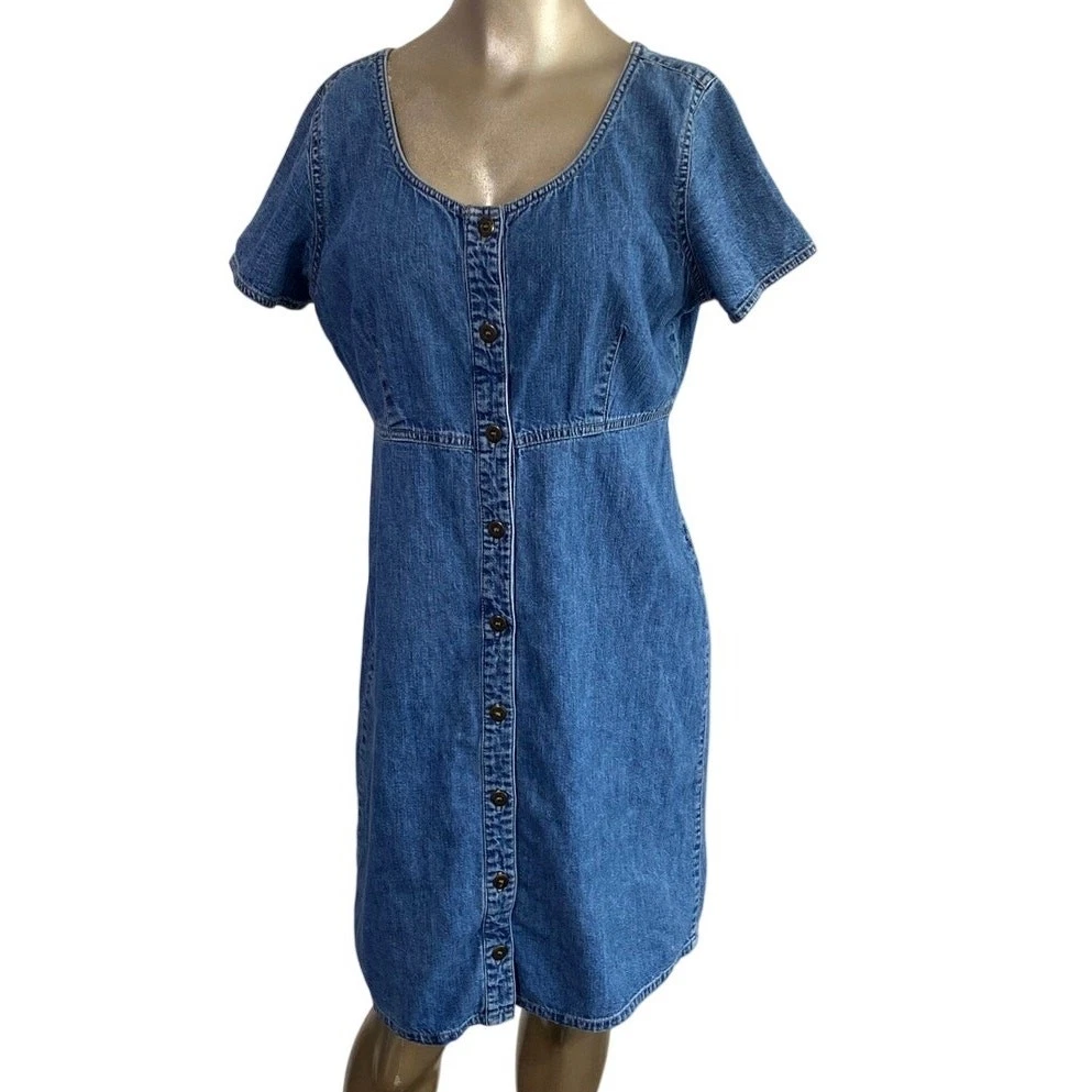 liz claiborne short sleeve denim dress Villager Sport Liz Claiborne Blue Patchwork Denim Maxi Dress Short Sleeve 12