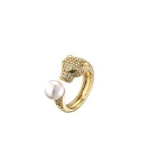 Leopardenkopf Ring Gold 18K Vergoldet Verstellbar Zirkonia Perle Damen Ring