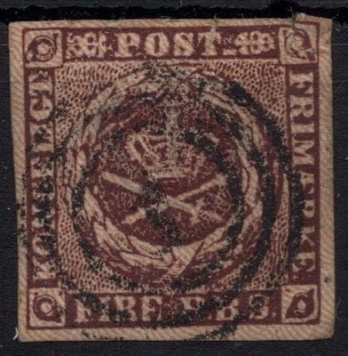 1851 Denmark [Sc 2]  Fire 4rs brown; #1 Kjobenhavn, 4 fine margins - faults