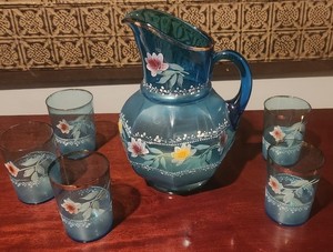 Beautiful Antique Blue Floral Water Pitcher Set With 5 Glasses