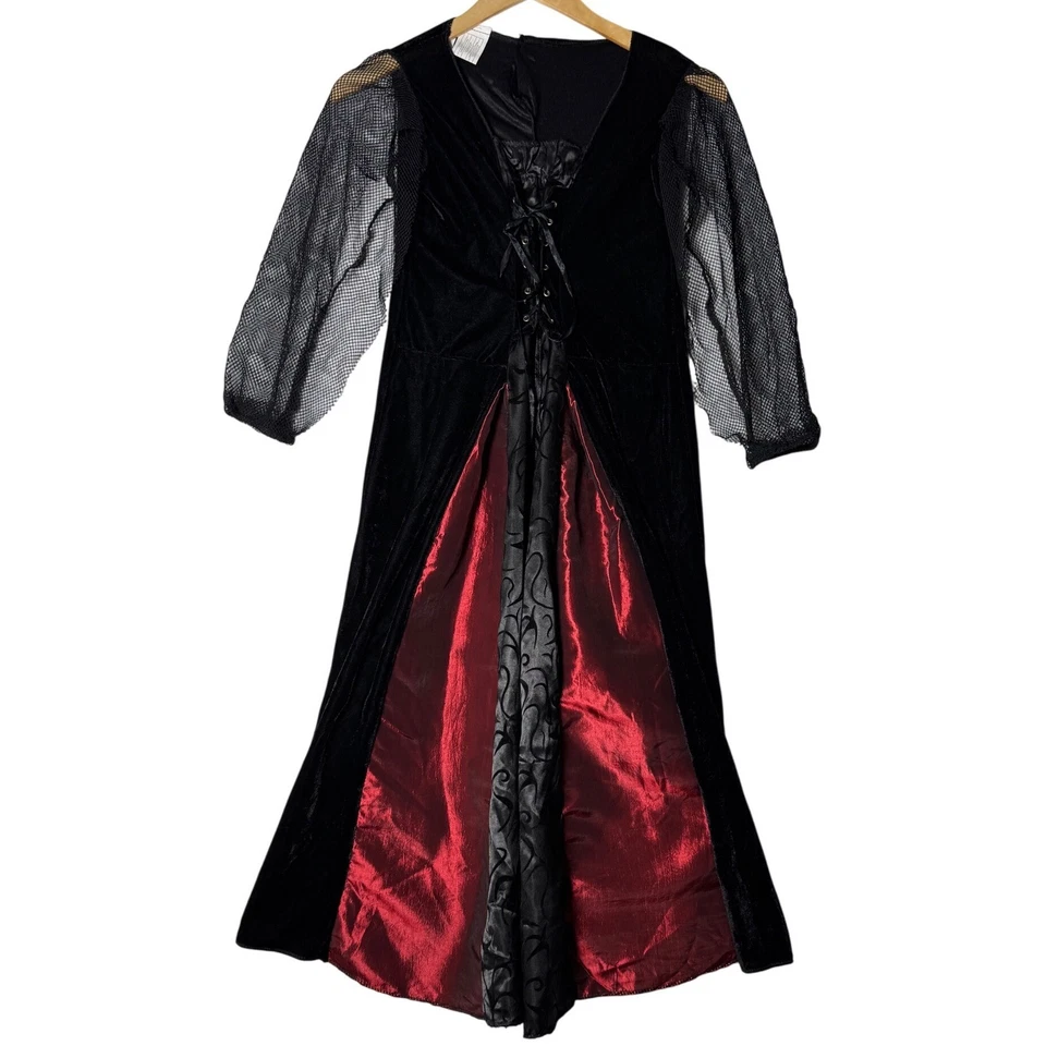 Niñas Gótico Vampiro Bruja Disfraz Vestido Negro Rojo Terciopelo Con Cordones Mediano Foto 2 de 4