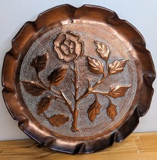 Vintage Copper Tray 3D Rose Design Hammered Wall Plate Hanging Newlyn Style