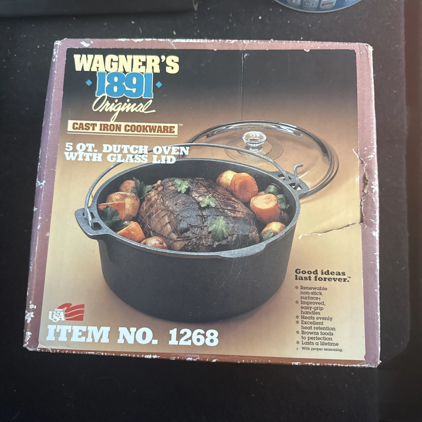 Vtg Wagner Cast Iron 5 Qt Dutch Oven 1268 With Pyrex Glass Lid New In Sealed Box