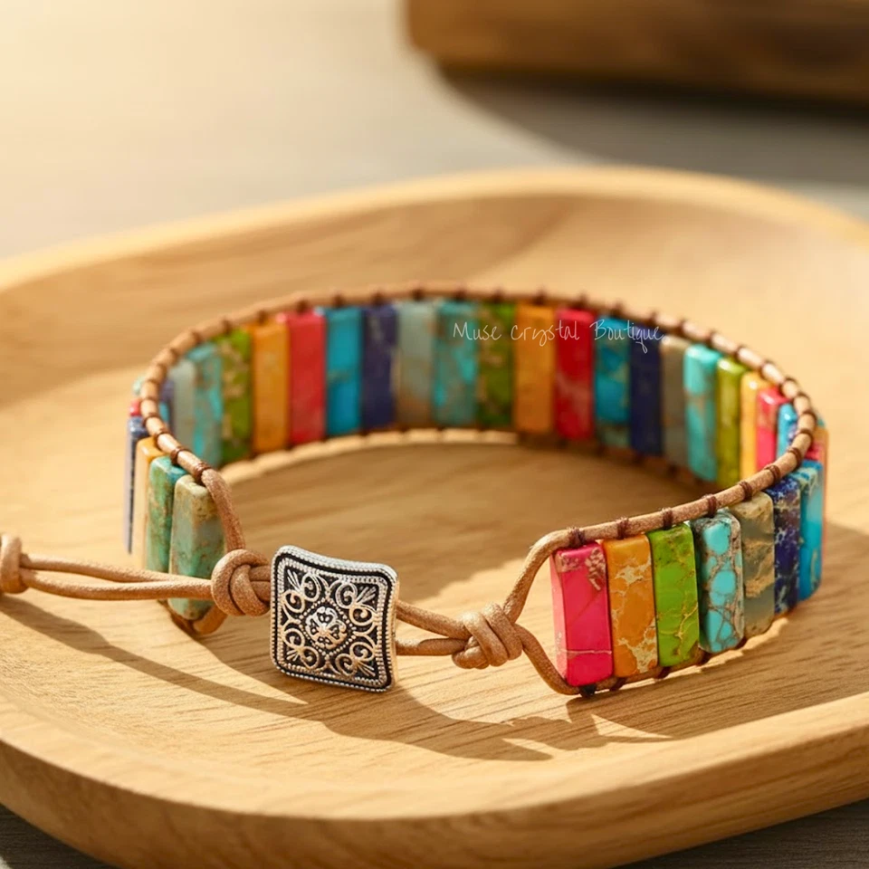 Pulsera de cristal de 7 chakras de jaspe arco iris de cuero con piedra curativa de regalo Foto 3 de 4