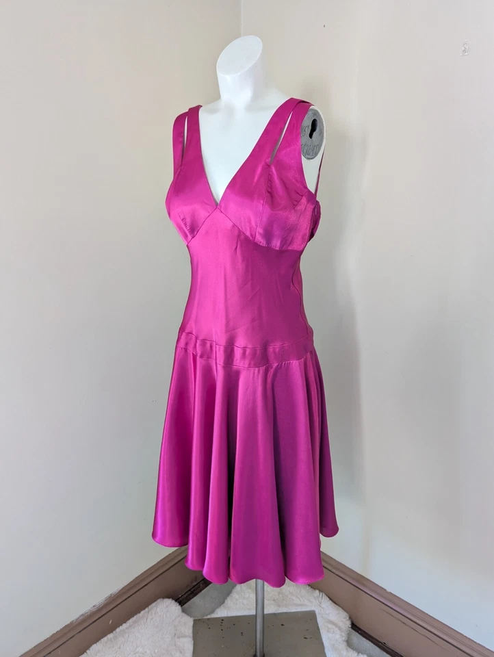 Vintage Satin Fairy Core Slip Dress 4 Tie Magenta Pink Whimsigoth Slinky Y2K 90s - Image 2 of 4