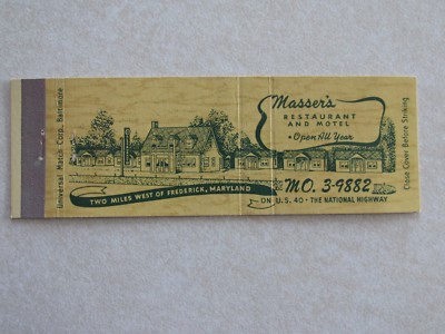 H259 Matchbook Cover Massers Restaurant Motel Frederick Maryland MD 
