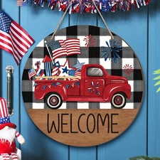 4th of July Patriotic Welcome Sign Memorial Day Door Hanger Red White Blue Wr...