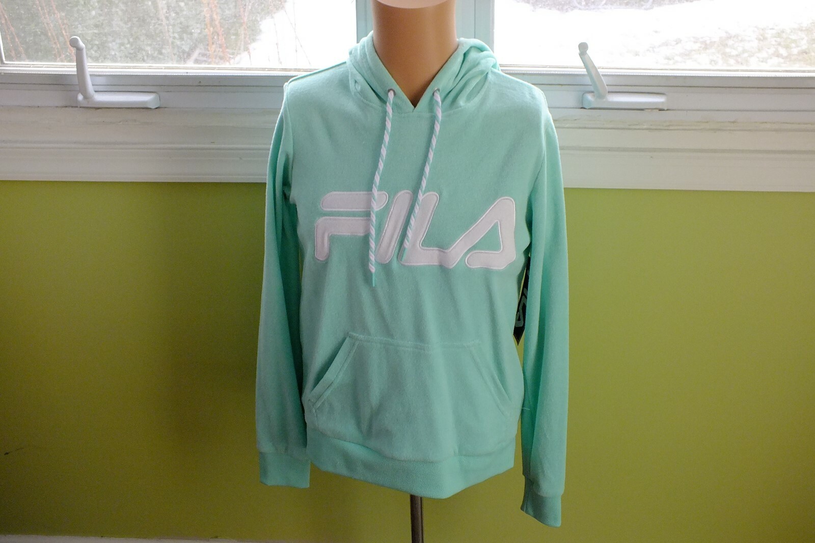 FILA DONNA NUOVISSIMO PULLOVER ASCIUGAMANO FELPA CON CAPPUCCIO PICCOLA VERDE BIANCO MENTA