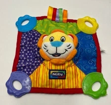 Nuby Lion Baby Teething Blankie Plush Crinkle Squeak Ribbons Teether Sensory Toy