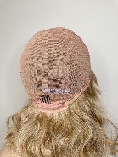 Golden Blonde Bob Wig With Bangs Wavy 16 Inch Long - Picture 5 of 6