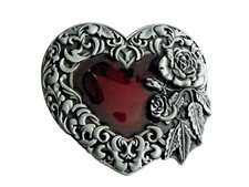 Heart And Roses Red And Pewter Tone Belt Buckle Fits Belt up to 1.75" New