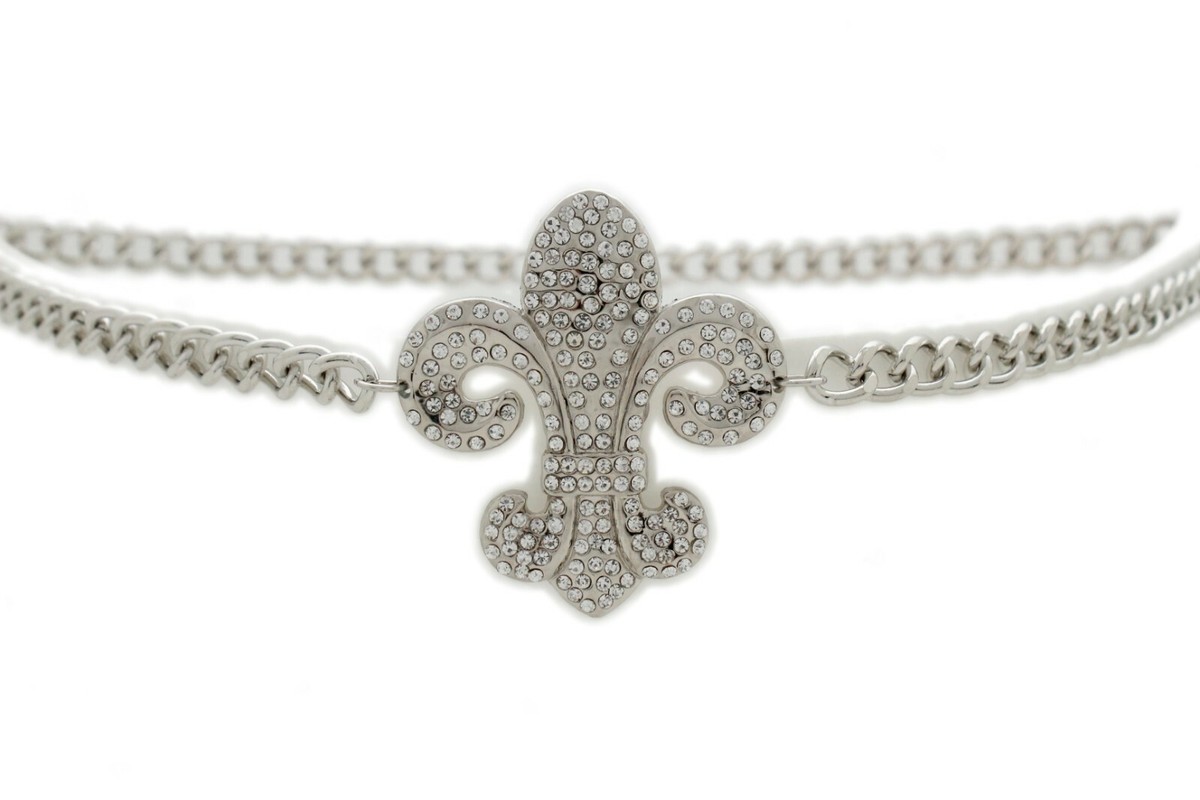 Silver Twisted Ring Chain Waist Belt w/Fleur-De-Lis Charm Silver Chunky 16”-44” Women main image 4