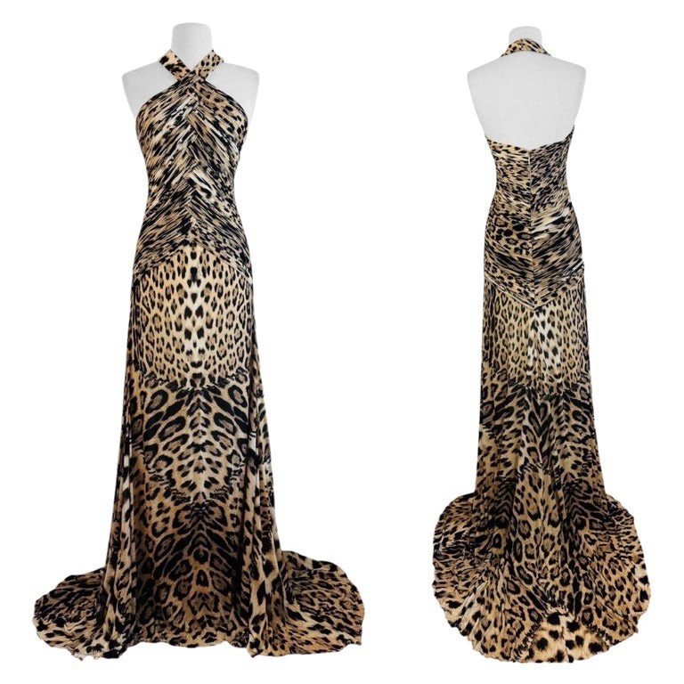 Roberto Cavalli Vintage Rare Leopard-Print Halter Maxi Dress - Beige & Black image 2