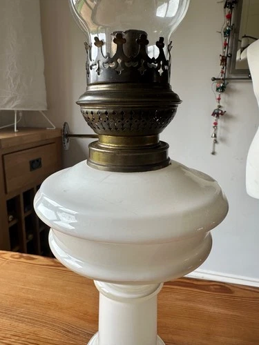 Vintage Victorian Opaline Milk Glass Glass Oil Lamp - needs wick raiser