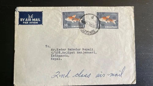 Singapore 1962 Cover to Nepal | 10¢ Rasbora Fish Pair | Airmail Hokkien St