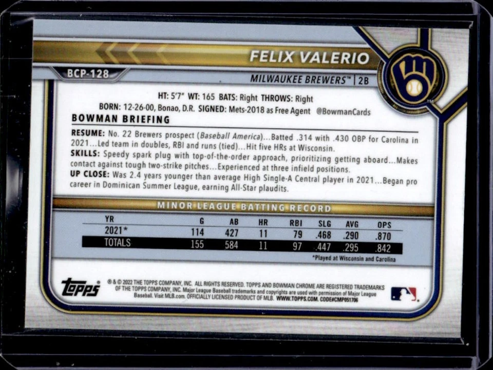 2022 Bowman Felix Valerio Chrome 1st Prospect Green Shimmer Refractor #/99 - Image 2 of 2