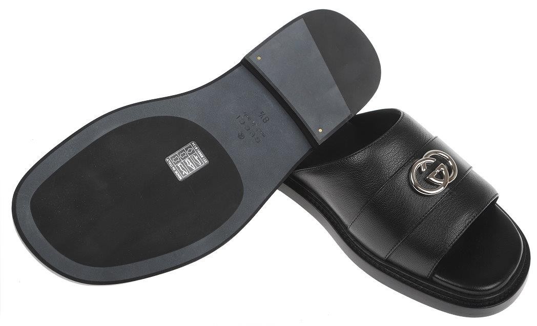 NEW GUCCI MEN'S DOUBLE G BLACK LEATHER SANDAL SLIDES SHOES 8.5/ US