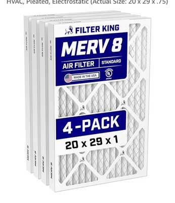 Filter King 20x29x1 MERV 8 Pleated Electrostatic Air Filter, 4-Pack