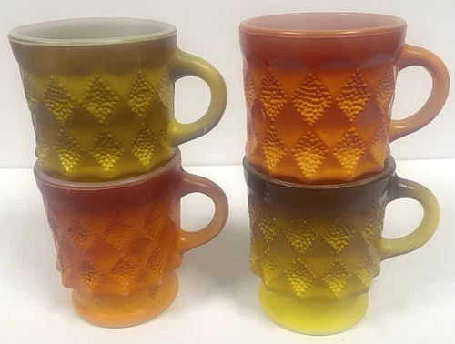 4 Vintage Fire King Kimberly Mugs Orange Red Yellow Brown Anchor Hocking
