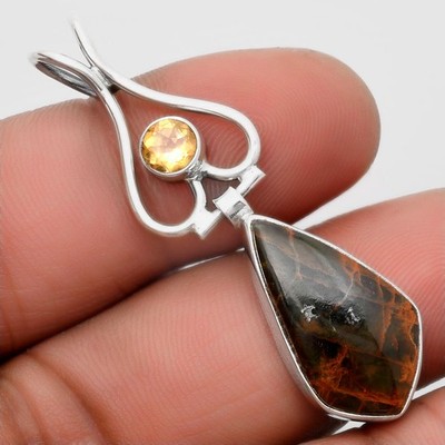 Türkischer Regenwald Chrysokoll & Citrin 925 Silber Anhänger Schmuck P-1542