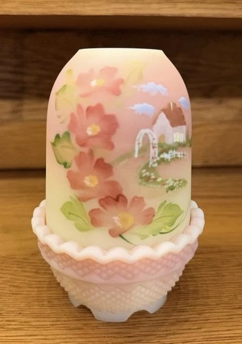 Fenton Burmese Hand Painted Summer Cottage Fairy Lamp