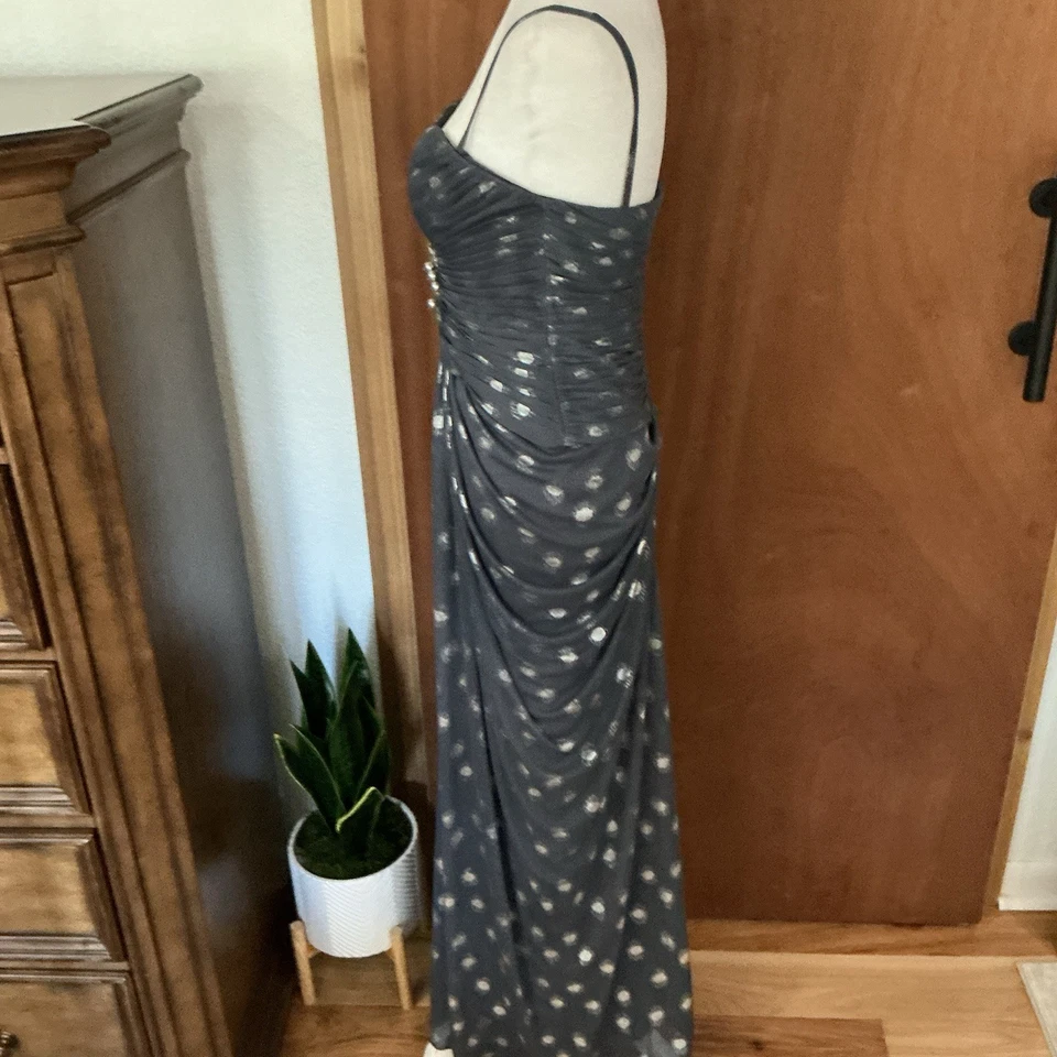 Vestido Adrianna Papell Punto Láminado Drapeado Malla Gris Talla 6 Vacaciones Fiesta Formal Foto 4 de 4