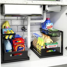 REALINN Under Sink Organizer, L-Shaped 2 Tier Pull Out Cabinet 2 Pack, Black