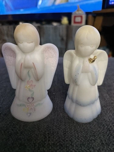 Fenton Art Glass Ivory Satin Heart Angel Pink Wings  & Angel With Bird Praying