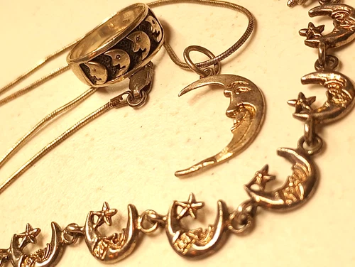 Vtg 925 Sterling Silver Crescent Moon Face Pendant Necklace Ring & Bracelet Lot