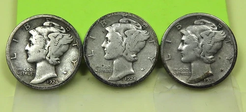3 Mercury Dimes 1924 Good, 1924-D Good, 1924-S VG