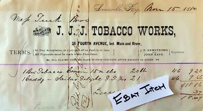 1880 Louisville Ky. J.J.J. TOBACCO WORKS J.E. ARMSTRONG JOHN KAYE 36 Fourth St