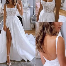 Wedding Dresses Spaghetti Strap Backless Side Slit Lace Bridal Gowns Sweep Train