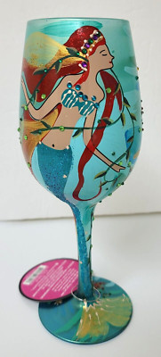 NWT WINE GLASS MERMAID w red hair color Lolita Enesco Drinkware aqua bling diva