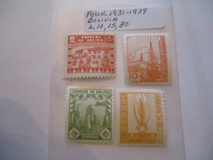 Four 1931-1939 Bolivia Postage Stamps - 2, 10, 15, 30 Denomination
