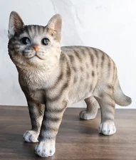 Standing Feline Gray Tabby Cat Kitten Figurine With Realistic Glass Eyes Decor