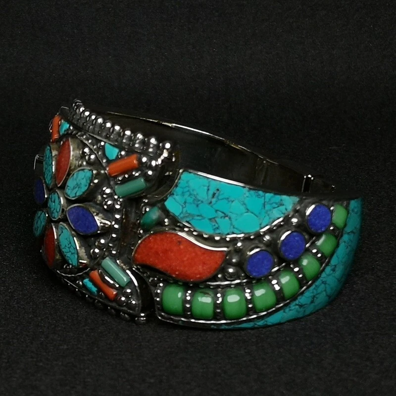 Antiguo Brazalete Chino Tíbet Incrustación Plata Turquesa Coral Mellite Colección Foto 4 de 4
