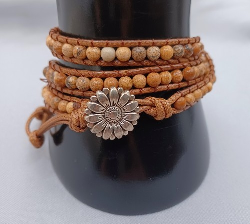 Wrap Bracelet Leather & Stone Earthtone Brown & Cream Agate Flower Button - Picture 3 of 6