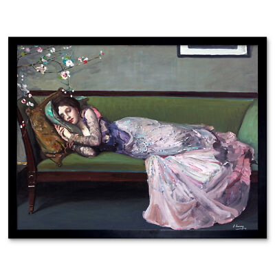Lavery das grüne Sofa Frau liegend Gemälde Kunstdruck gerahmt 12x16