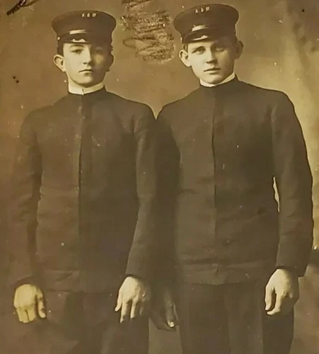 WW1 RPPC Postcard 1900's A&M 2 Two Military Soldiers Student Uniform AZO Antique