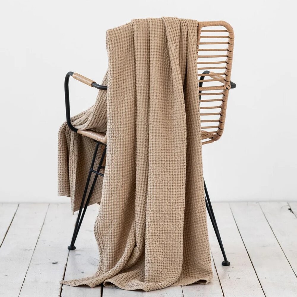 Magic Linen Beige Linen Cotton Blend Waffle Throw 53" X 81"