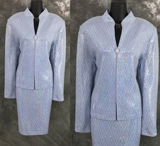 BEAUTIFUL st john evening knit blue rhinestones embellished jacket skirt suit 14