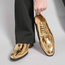 Men's Carved Shiny Faux Leather Brogue Lace Up Formal Stage Evening Party Shoes
