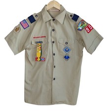 VTG Boy Scouts of America Shirt Youth LG 14-16 Tan BSA Uniform Patches Pins