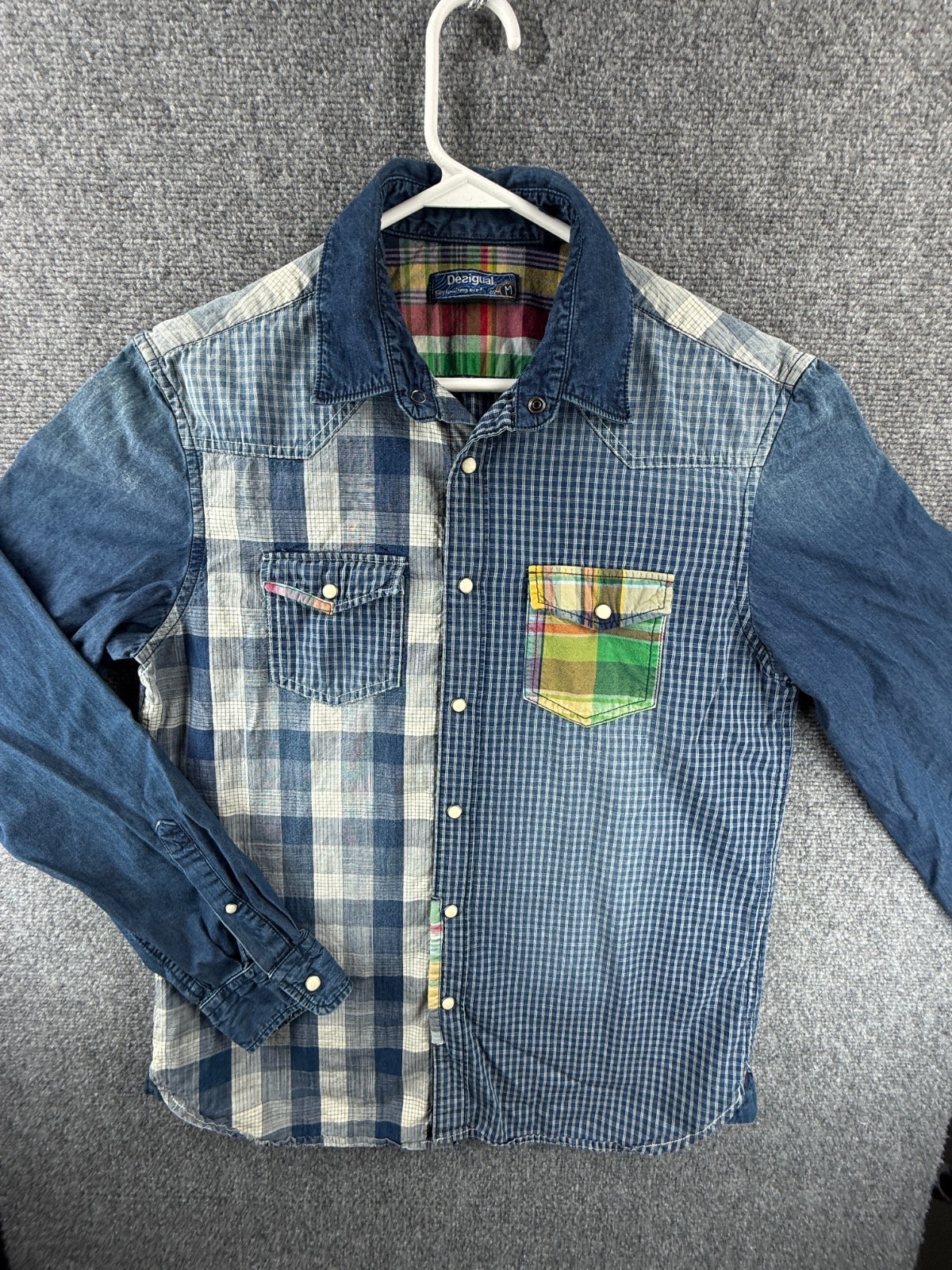 Desigual Patchwork Blue White Medium Plaid Cotton… - image 1