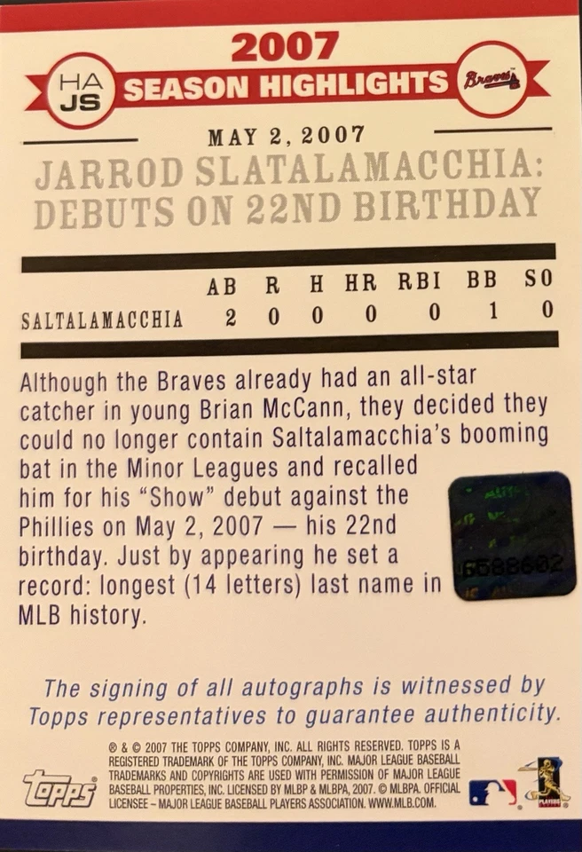 2007 Topps Atualização 2007 Destaques Auto Jarrod Saltalamacchia #HAJS Auto - Imagem 2 de 2