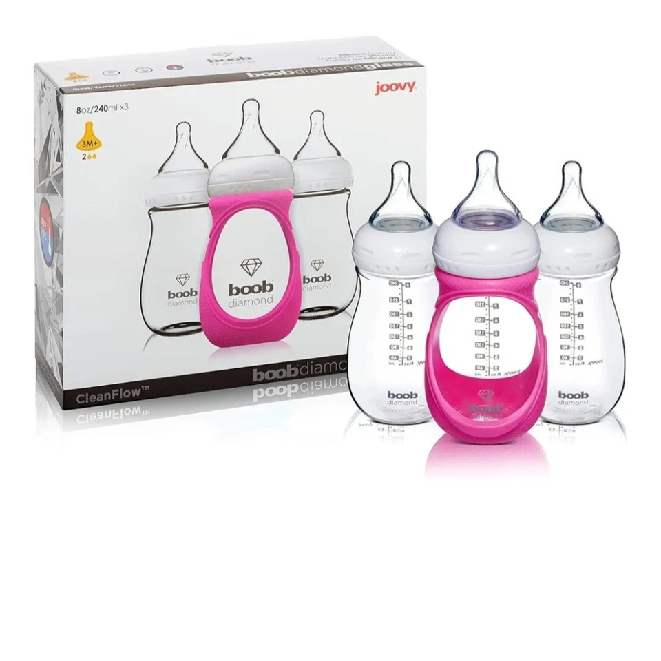 3 NEW Joovy CleanFlow Boob Diamond Glass Baby Bottles 5oz With Pink Sleeve 2170 - Image 2 of 3