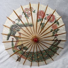 Vtg Japanese Wagasa Paper Parasol Peacock Bamboo Umbrella Asian Decor