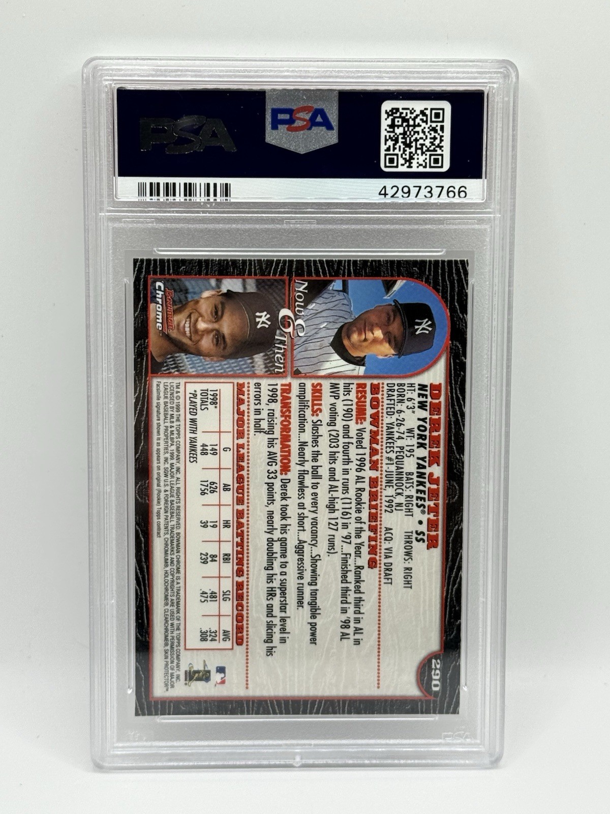 DEREK JETER 1999 BOWMAN CHROME #290 YANKEES HOF PSA 10 Gem Mint view 2